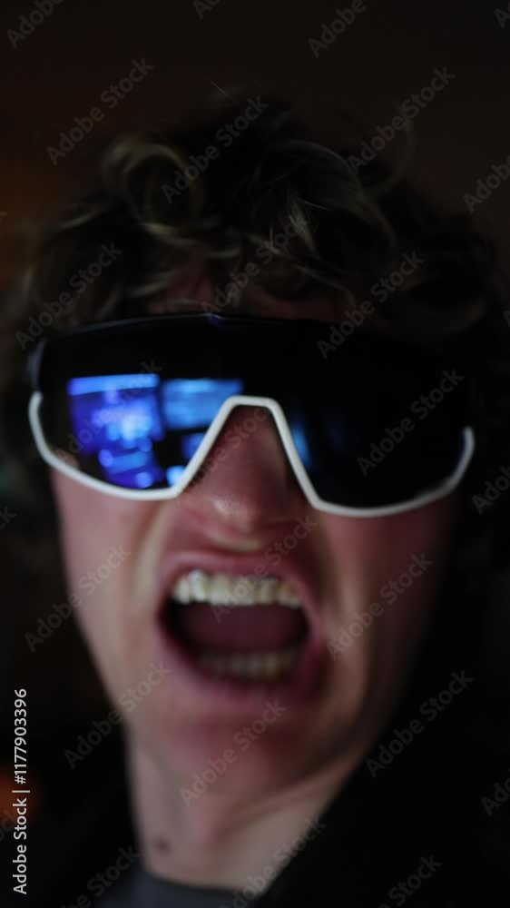 Vertical screen A passionate streamer with expressive emotions wears futuristic sunglasses during a live stream in a dimly lit room, creating an intense and captivating atmosphere. Vertical screen A passionate streamer with expressive emotions wears futuristic sunglasses during a live stream in a dimly lit room, creating an intense and captivating atmosphere.