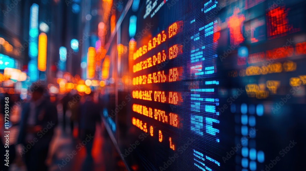 Obraz premium Photo of a bustling stock exchange with traders and electronic boards displaying stock prices, clearly conveying the dynamic and fast-paced nature of financial markets.