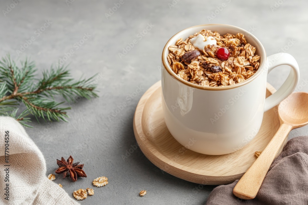 Cup of healthy granola with yogurt and berries on wooden tray Cup of healthy granola with yogurt and berries on wooden tray