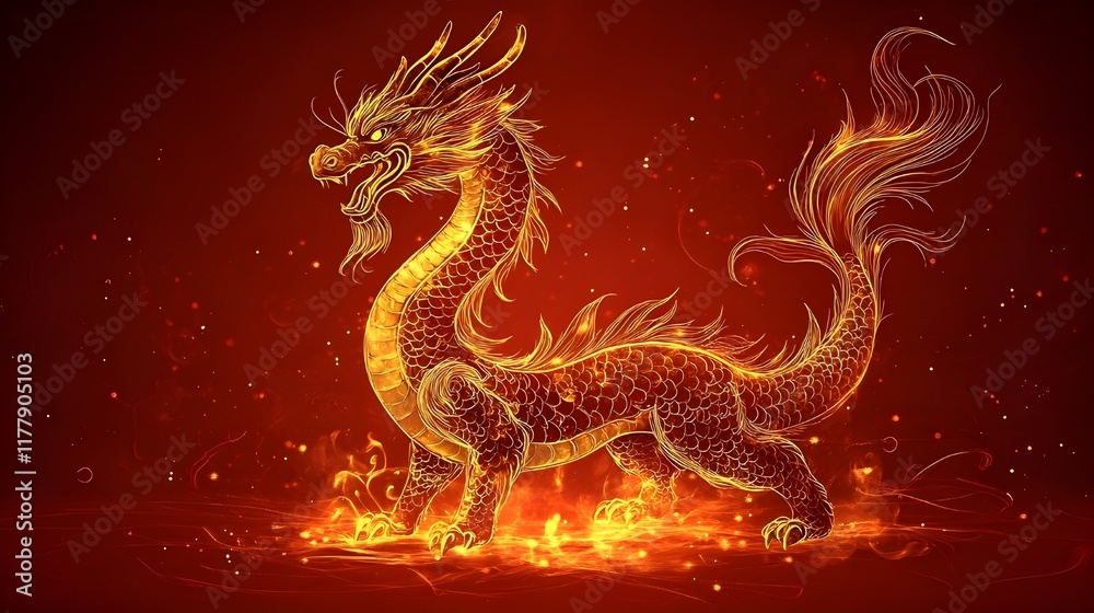 Obraz premium chinese new year dragon Cartoon illustration of a Chinese dragon head with red hair and feathers, reminiscent of a colorful bird or mythical animal