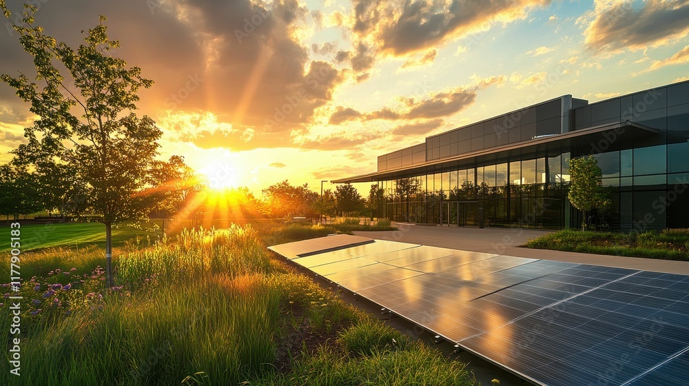 Fototapeta premium Sunset illuminates modern building, solar panels, and landscape.