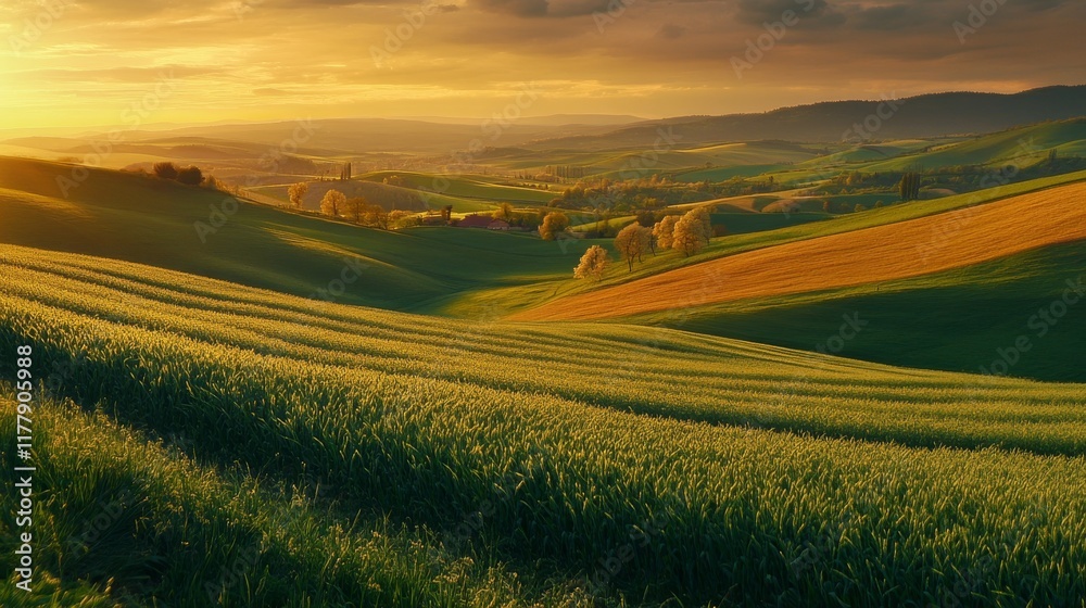 Obraz premium panorama of romania countryside at sunset in evening light. wonderful springtime landscape in mountains. grassy field and rolling hills. rural scenery