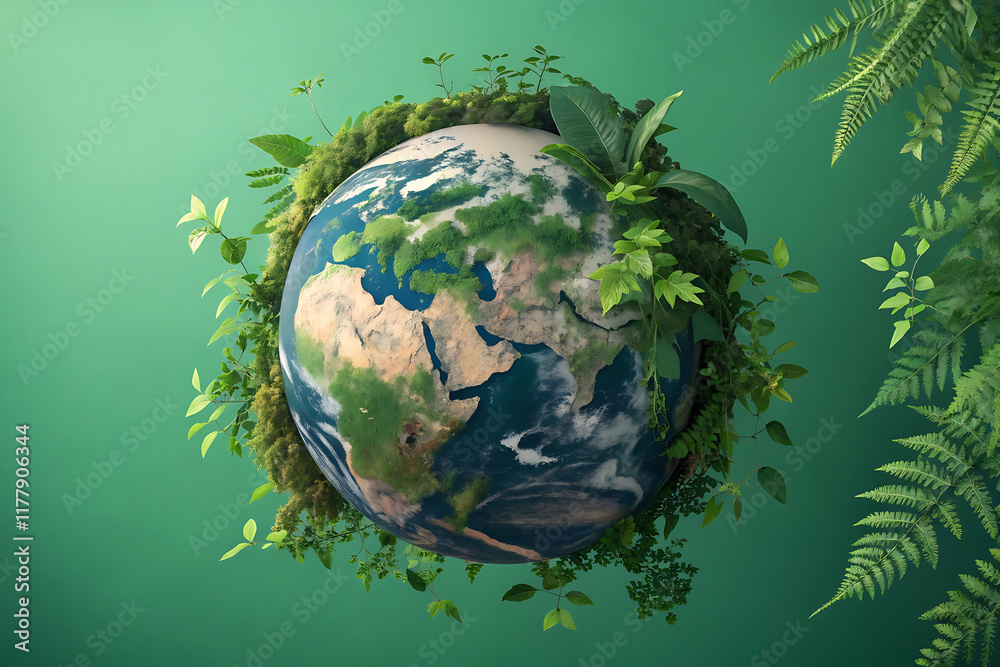 Fototapeta premium Earth covered by leaves and plants against green background