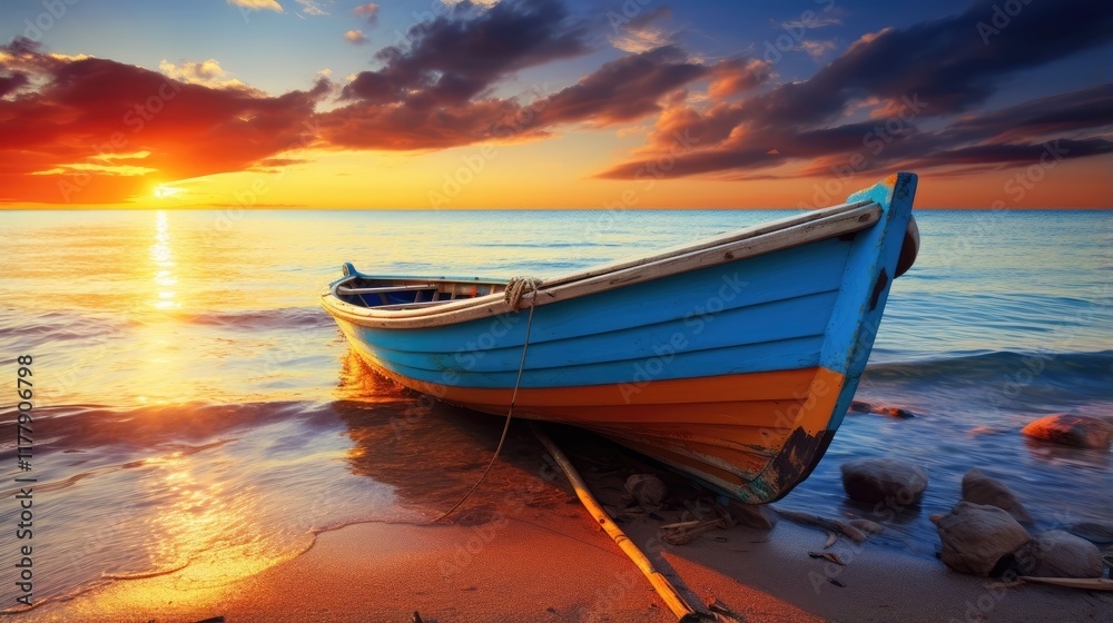 Fototapeta premium Tranquil sunset on the coast, with boat and car near the water.