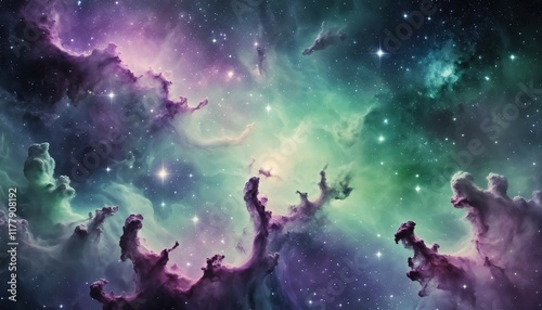 Dreamy galaxy background with pale green and purple nebulae glowing against stardust