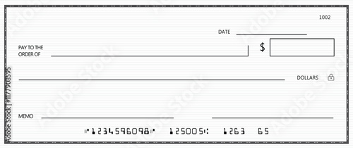 Bank check, vector blank money cheque, checkbook template with guilloche pattern and fields. Currency payment coupon, money check background