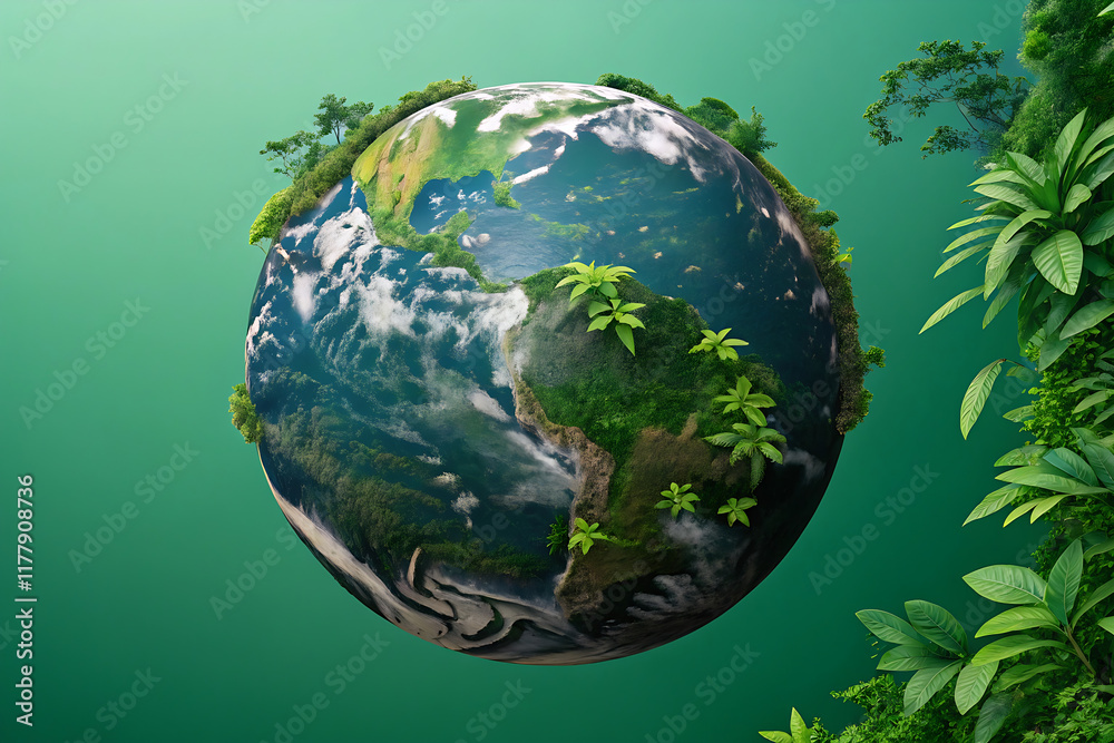 Fototapeta premium Earth covered by leaves and plants against green background