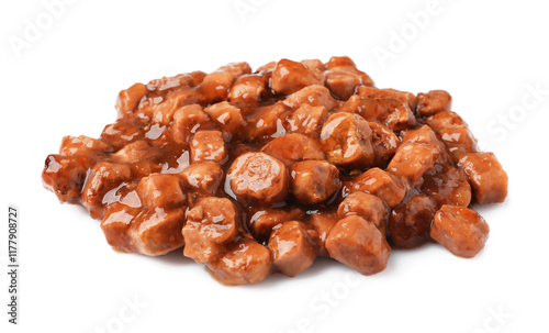 Pieces of wet pet food isolated on white
