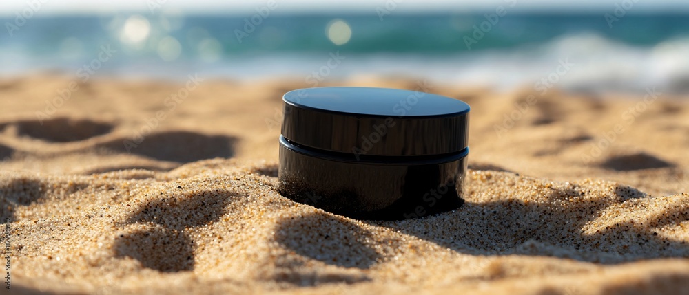 Beach skincare, ocean backdrop. Sun-kissed sand, product placement Beach skincare, ocean backdrop. Sun-kissed sand, product placement