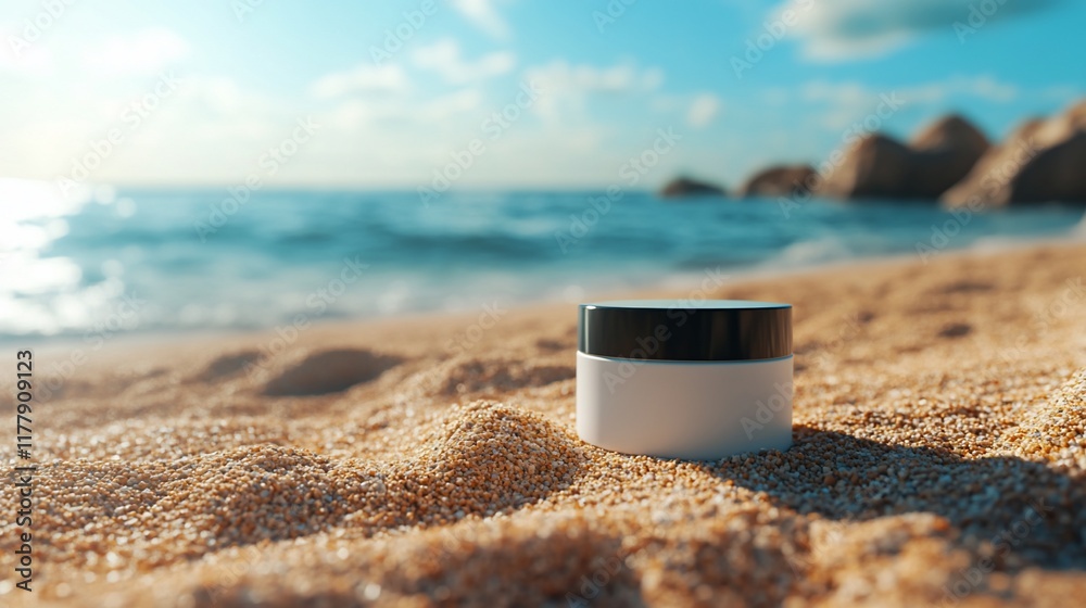 Beach skincare, sun, ocean, sand, cream jar, summer, coastal, relaxation, advertisement Beach skincare, sun, ocean, sand, cream jar, summer, coastal, relaxation, advertisement