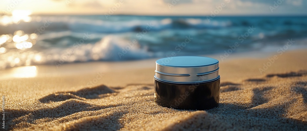 Beach sunset, skincare jar, ocean waves. Relaxing ad Beach sunset, skincare jar, ocean waves. Relaxing ad