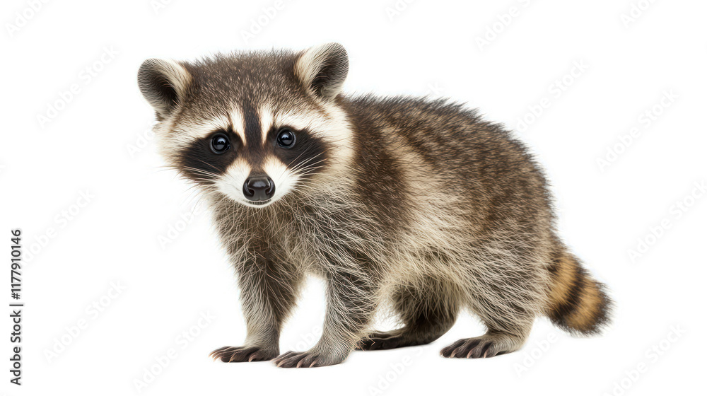Obraz premium Cute and Playful Young Raccoon Standing Upright with Adorable Expression in Isolated White Background Perfect for Wildlife Photography or Animal Themed Projects