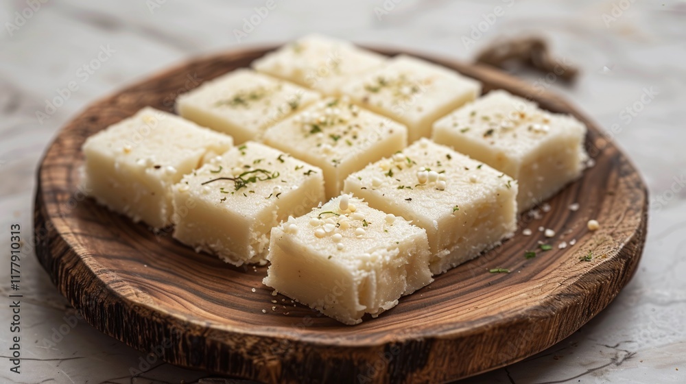 Homemade white fudge cubes sprinkled with hemp seeds, arranged on a wooden board, close-up rustic dessert presentation, minimalistic food styling
Homemade white fudge cubes sprinkled with hemp seeds, arranged on a wooden board, close-up rustic dessert presentation, minimalistic food styling