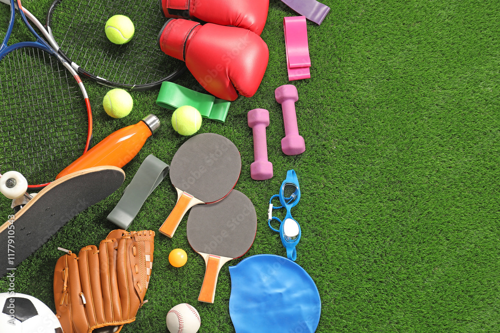 Naklejka premium Different sport equipment on artificial grass, flat lay. Space for text