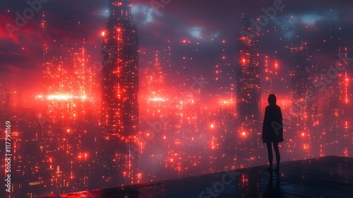 Futuristic City Skyline Highlighting Radiant Glowing Red Cyberpunk Landscape Photo