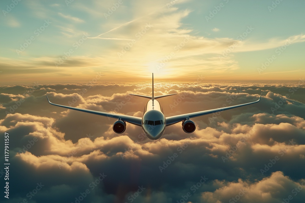 Aerial View of Airplane at Sunset. An airplane flying above clouds during sunset. Ideal for travel-related content, tourism promotions, and adventure themes.