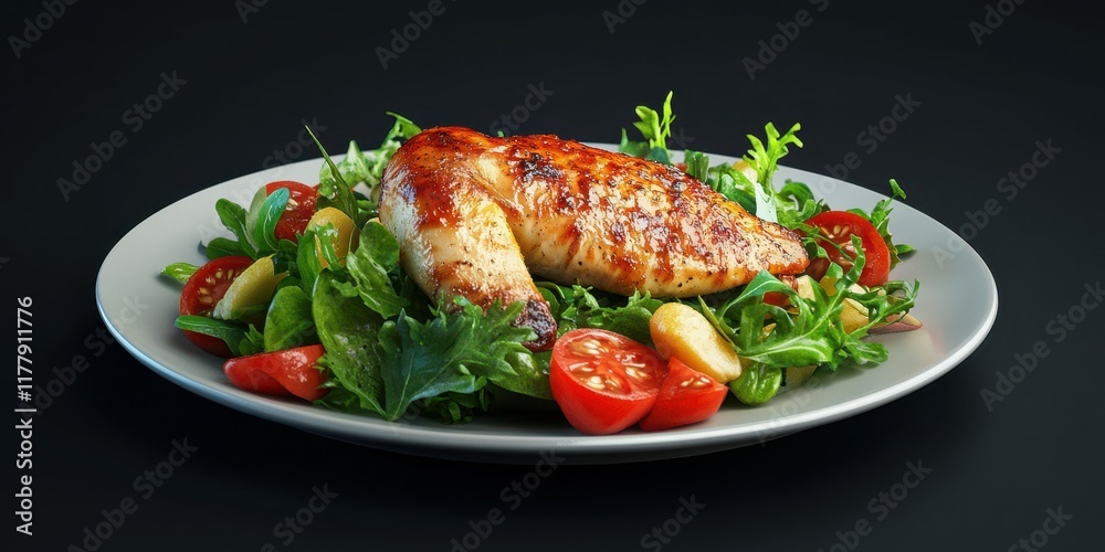 Grilled chicken breast served on a bed of fresh greens and cherry tomatoes garnished with herbs Grilled chicken breast served on a bed of fresh greens and cherry tomatoes garnished with herbs