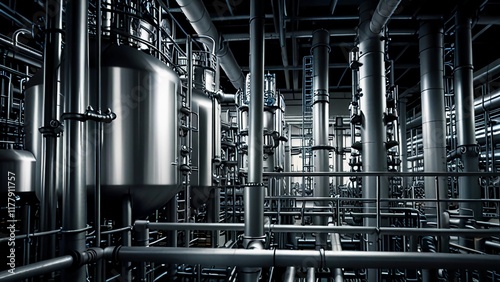 Chemical Processing Plant with Reactors:under- Industrial plants producing chemicals, plastics, or other materials.Digital Artwork series 08
