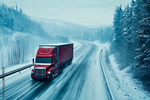 Winter Highway with Red Truck. A red semi-trailer truck driving on a snowy highway, ideal for winter transport themes or logistics events.