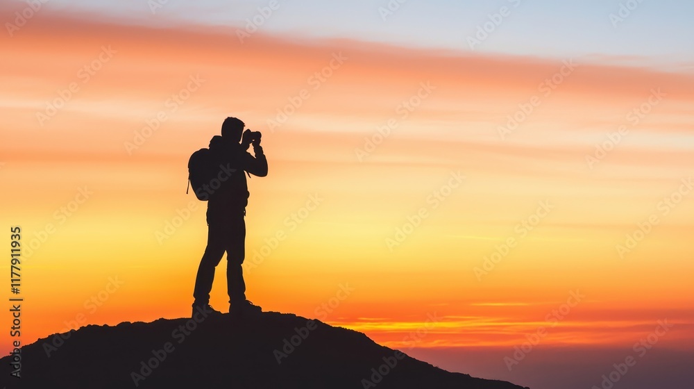 A silhouette of a person with a camera against a vibrant sunset, capturing the beauty of nature from a mountain peak. A silhouette of a person with a camera against a vibrant sunset, capturing the beauty of nature from a mountain peak.