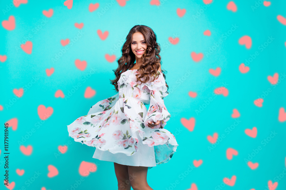 Ready for date Portrait of dreamy, charming, lovely, sweet, gorgeous, adorable, good-looking brunette spinning around in summer light wear isolated on bright turquoise background