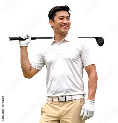 Portrait of happy adult asian golfer posing with a golf club wearing white glove photo