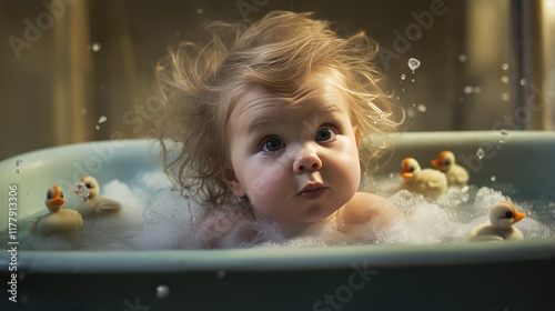 Cheerful baby bathing happily in domestic bathroom, enjoying bath time with a toy.
