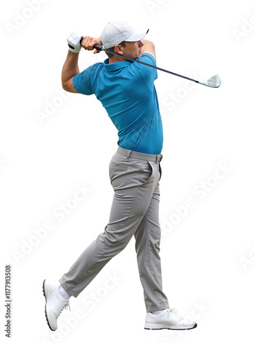 Side view of a pro male golfer in swing motion action on isolated background photo