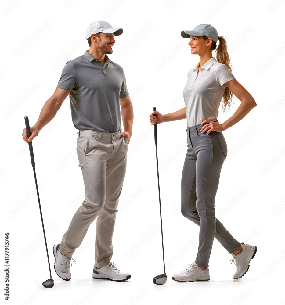 Men and woman golfer standing side by side holding a golf club on isolated background