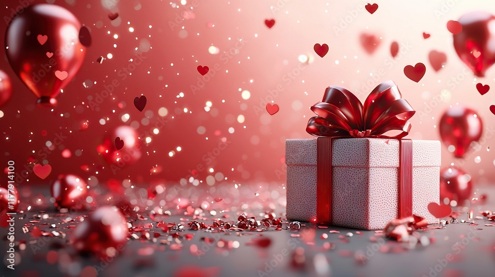 Fototapeta premium Gift box, red balloons, hearts backdrop.