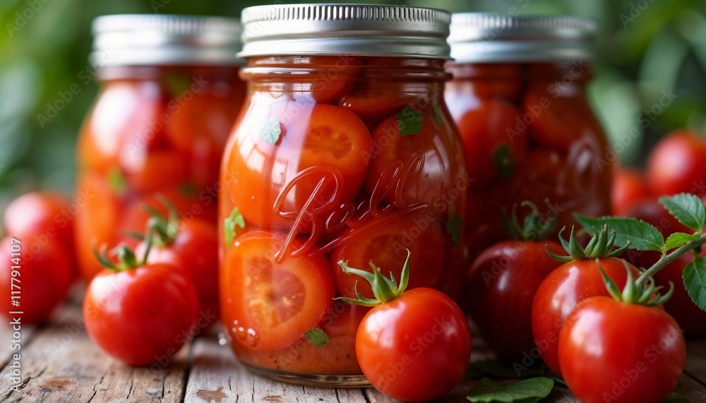 Jars of preserved tomatoes with fresh basil on a rustic wooden table surrounded by ripe tomatoes Jars of preserved tomatoes with fresh basil on a rustic wooden table surrounded by ripe tomatoes