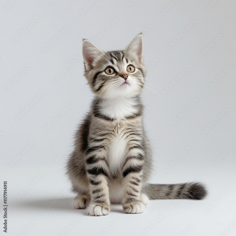 Cute black tabby with white stray cat kitten, sitting up facing front. 
 Looking straight to camera, Isolated cutout on transparent background.


