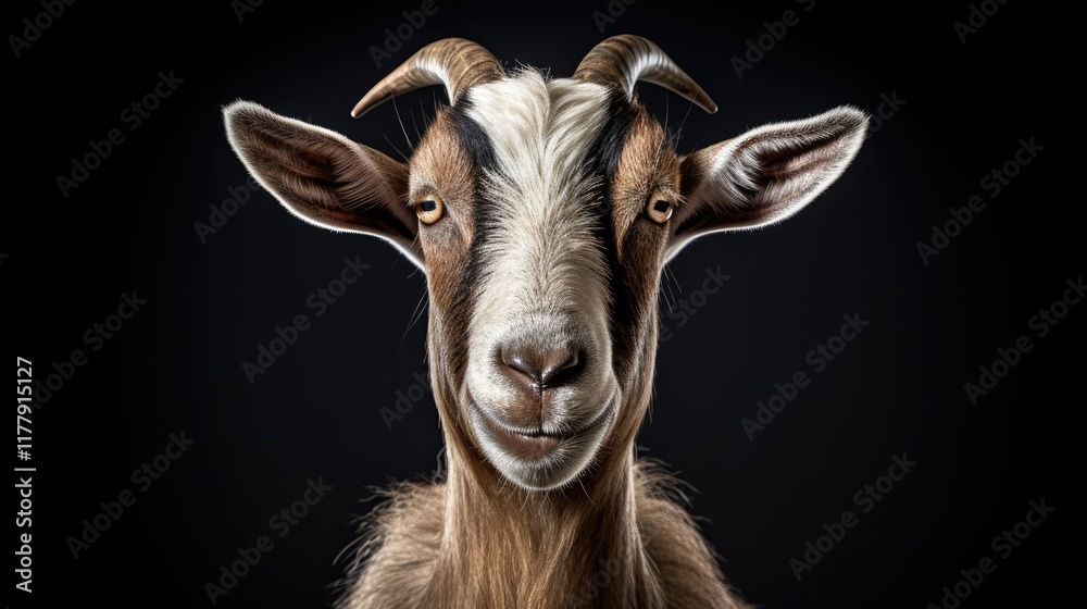 Animal head with horn, looking at camera against black background. Close-up studio portrait. Animal head with horn, looking at camera against black background. Close-up studio portrait.