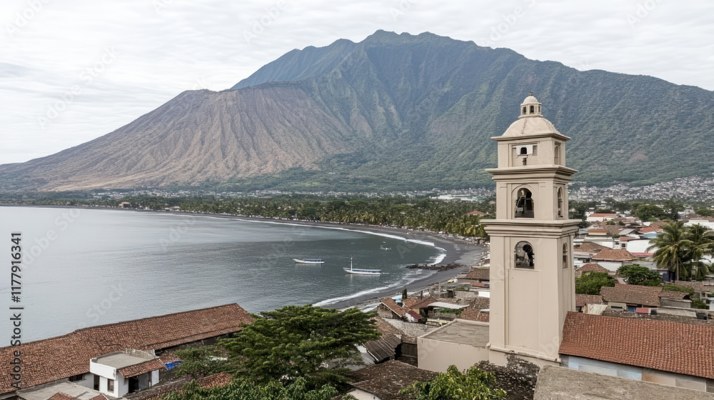 Fototapeta premium Coastal town church with volcano backdrop.