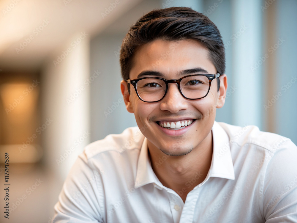 Confident Young Man with Glasses Smiling Indoors Confident Young Man with Glasses Smiling Indoors