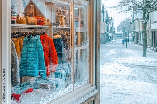 Cozy winter shop window displaying warm clothing and accessories, with a snow-covered street and frosted windows creating an inviting shopping atmosphere. photo