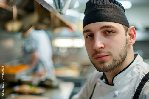 Generative AI Depiction of a Professional Male Chef Working in a Busy Restaurant Kitchen photo