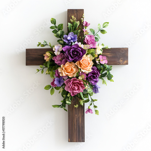 Floral wooden cross with bright roses and greenery on a white background. Easter, Good Friday
