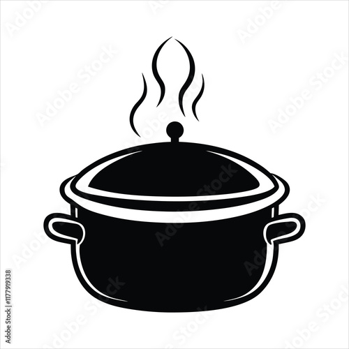 cooking pot, steaming, black and white icon, minimalist design, simple lines, kitchenware, graphic illustration, vector art, rounded shape, lid, handles, rising steam, culinary symbol, clipart style, 