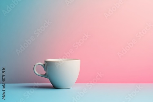 White coffee cup floating with pastel pink and blue gradient