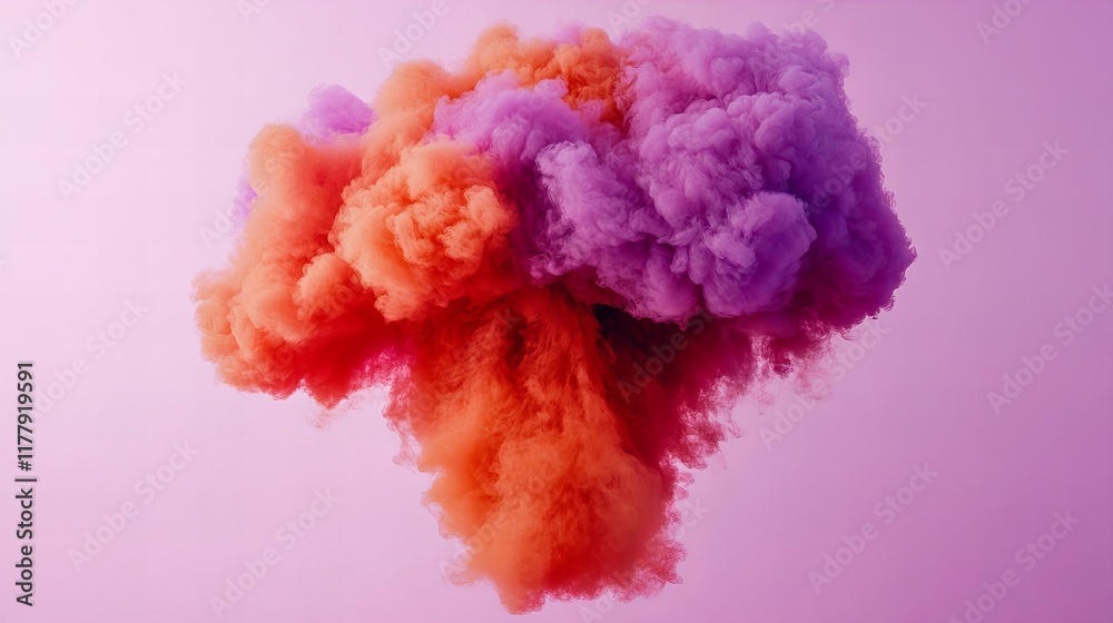 Fototapeta premium Vibrant orange and purple smoke cloud against a soft pink backdrop. A dreamy, colorful abstract image.