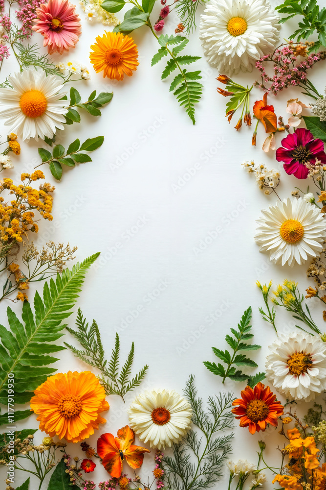 Fototapeta premium A bunch of flowers and leaves on a white background