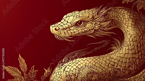 Radiant Gold Snake – Zodiac Symbol of Prosperity for 2025, Perfect for Lunar New Year Decor and Cards. The 12 Zodiac Signs: Lunar New Year Glow photo