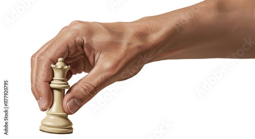 Hand holding a queen chess piece, playing a chess match game, finger, arm, isolated transparent png