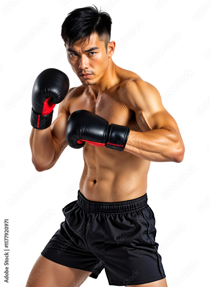 South East Asian pro boxer wearing black boxing gloves, isolated South East Asian pro boxer wearing black boxing gloves, isolated
