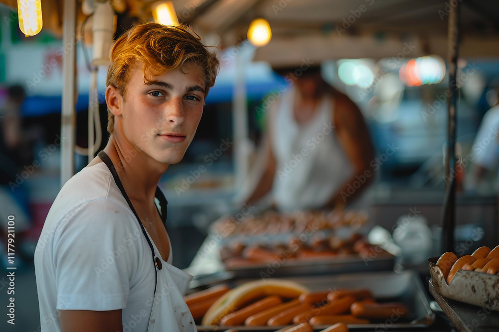 Generative AI Image of a Smiling Street Fast-Food Worker at Outdoor Food Stall Serving Hot Dogs Generative AI Image of a Smiling Street Fast-Food Worker at Outdoor Food Stall Serving Hot Dogs