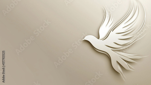 White dove flying against a soft beige background photo