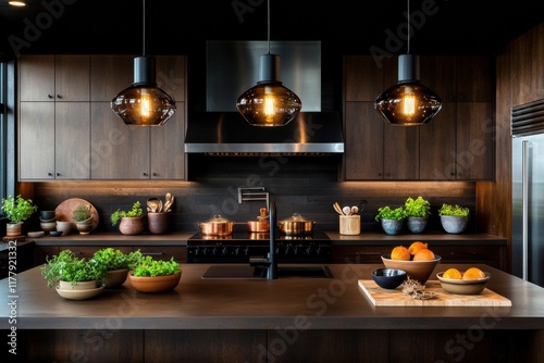 Moderne rustikale Küche mit Holzmöbeln, Kupfertöpfen und frischen Kräutern, Modern rustic kitchen with wooden cabinets, copper pots, and fresh herbs