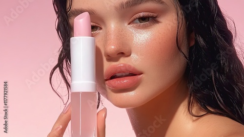 Glamorous Model Showcases Lip Gloss Against a Vibrant Pink Backdrop With Soft Makeup and Dark Hair