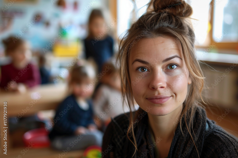 Generative AI Image of Nanny in Nursery Room Creating Warm Learning Environment for Children Generative AI Image of Nanny in Nursery Room Creating Warm Learning Environment for Children
